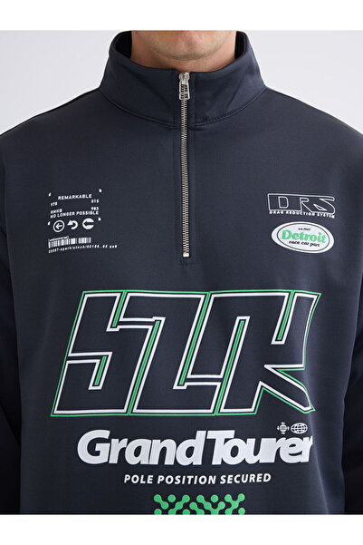 LC Waikiki Ανδρικό φούτερ με στάμπα με γιακά ανθρακί