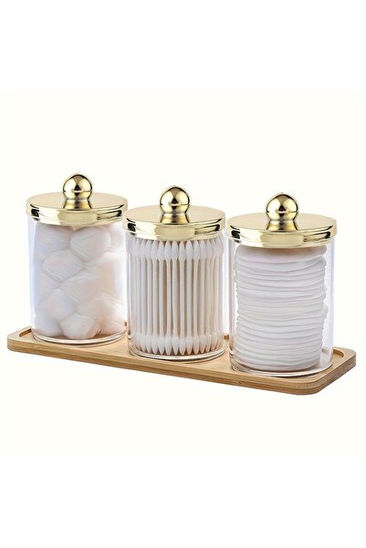 Choice Gold 3 Piece Bathroom Organizer - Cotton Swab Holder, Acrylic Apothecary Jar with Lid, Round Cotton