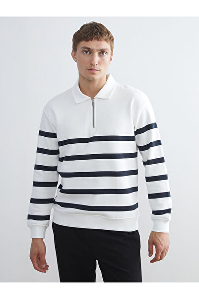 LC Waikiki Λευκό ανδρικό φούτερ με μακρυμάνικο ριγέ γιακά πόλο