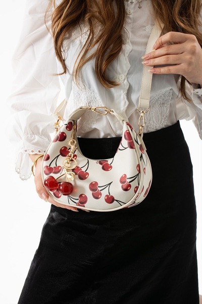H&D COLLECTİON Women's Hand and Shoulder Bag with Cherry Pattern and Cherry Charm Gift