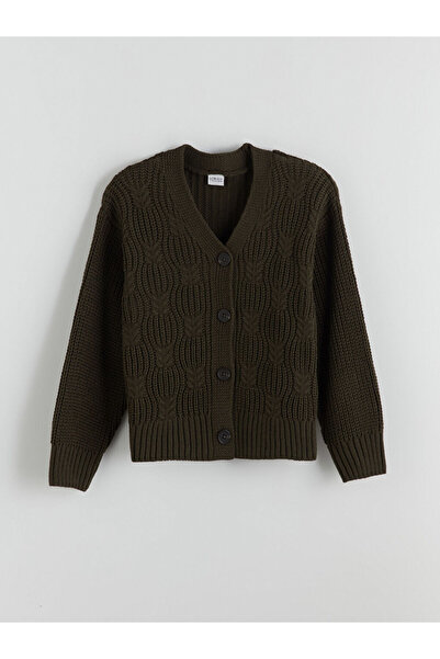 LC Waikiki Khaki V-Neck Girl's Knitwear Cardigan