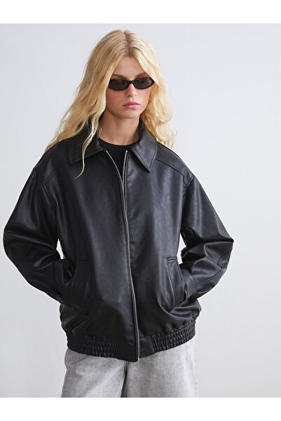 LC Waikiki Black Shirt Collar Oversize Women's Leather Look Jacket