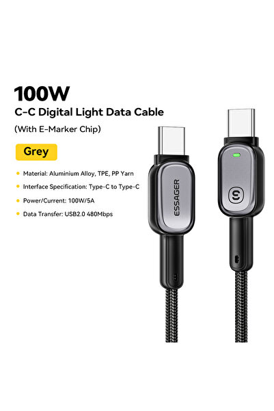 essager كابل شحن سريع من النوع C إلى النوع C، بطول متر واحد، بقدرة 100 واط، م...