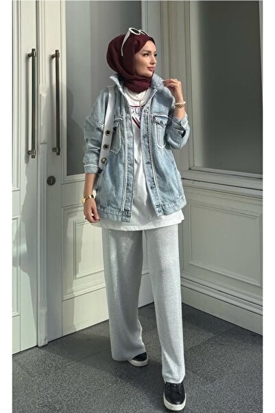 CHOHEE Oversized Denim Jacket with Pearl Detail – Stylish and Sporty Style