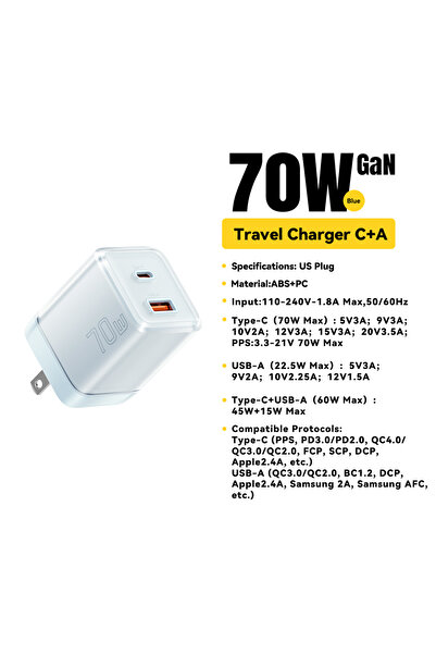 essager شاحن أمريكي أزرق A C 70W GaN من النوع C لأجهزة iPhone 16 15 14 Pro Ma...