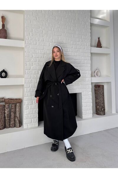 orjinal blue b Trench Coat Black Button Detail New Season