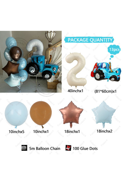 Miniso AS PICTURE 2 13pcs Farm Tractor Balloon Set Blue Digital Foil Balloon Tractor Balloon Birthday Party