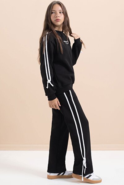 Cansın Mini Black Girl's Stripe Detailed 3-Thread Raster Suit 21513