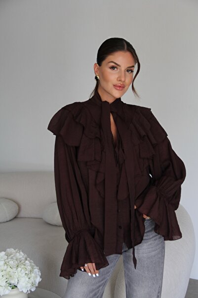 Julidress Oversized Shirt with Tie-Up Flounce Collar and Ruffle Sleeve Detail