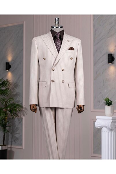 TerziAdemAltun Italian Style Slim Fit Double Breasted Jacket Pants Suit Beige T14468