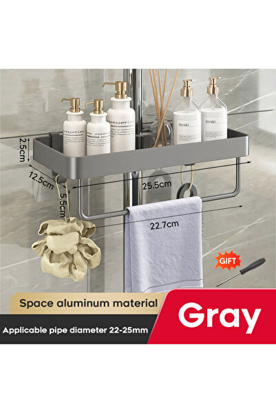 Choice رمادي مع قضيب 1/2 قطعة رف دش صينية حمام بدون ثقوب مع خطافات لتعليق المناشف حامل شامبو Floati