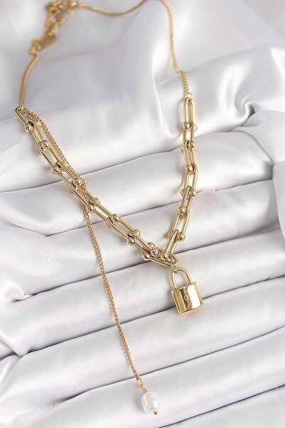 Lisinya 316L Çelik Gold Renk Tifany Zincir Model Kilit Figür Sallantı İnci De...