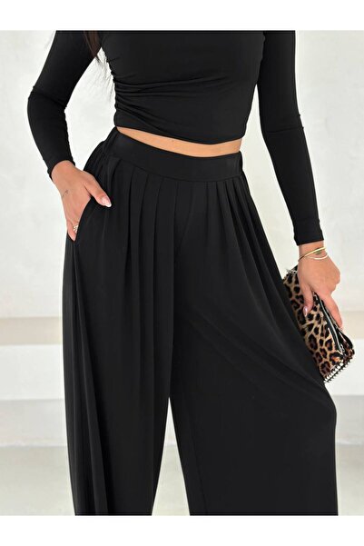 By Kuzey Aras Women's High Waist Premium Modal Fabric Palazzo Pants - Comfortable Fit, Casual and Stylish Combination