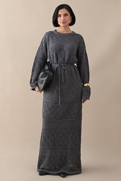 InStyle Patterned Openwork Anthracite Knitwear Dress