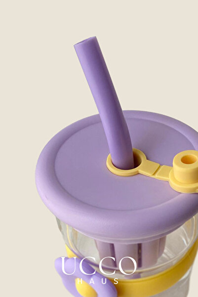 UCCO 500ml Daisy Patterned Glass Detox Thermos Flask with Straw - Water, Soft Drink, Lemonade Glass 607D