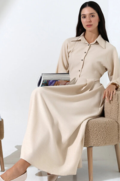 Genel Markalar Kadın Belden Oturtmalı Kendinden Kuşaklı Keten Tesettür Elbise