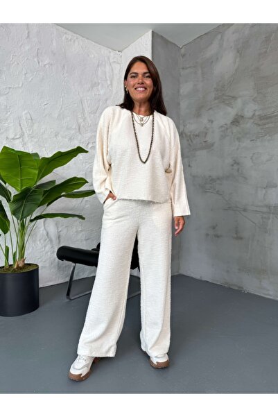 Elif Özbey Butik Ecru Textured Sweat Pants Set