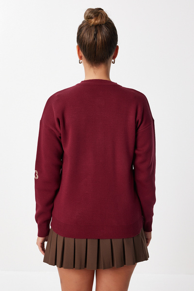 Lovelyİstanbul Heart Embroidered Stylish Buttoned Knitwear Cardigan Lnx0003 Burgundy