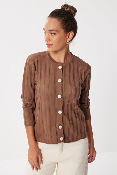 Lovelyİstanbul Zlatý pletený kardigan s knoflíky z merserovaného úpletu LNX0009 KAKAO