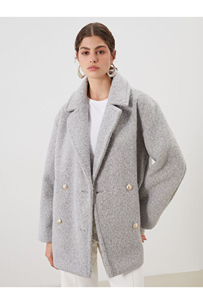 LC Waikiki Lcw Modest Gray Double-Breasted Collar Oversize Women's Cashmere Coat