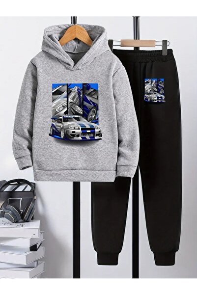 Cevval Children's Printed Hooded Sweatshirt and Sweatpants Set 3 Thread Raster for Autumn/Winter