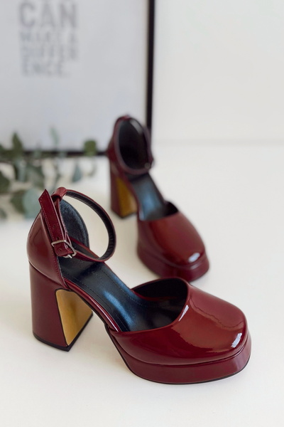 POLKA STORE Women Bride Bridal Wedding Wedding Shoes Burgundy Patent Leather Platform Closed Toe High Heels Shoes