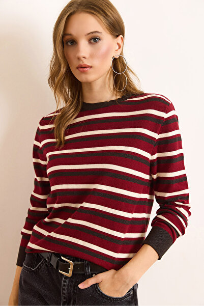 Olalook Women's Burgundy Striped Soft Textured Viscose Blend Knitwear Blouse Blz-19003096