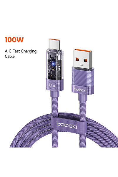 Toocki كابل USB من النوع C أرجواني 100 وات بطول 1 متر مزود بمؤشر LED للإيقاف ...
