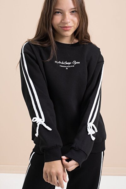 Cansın Mini Black Girl's Stripe Detailed 3-Thread Raster Suit 21513