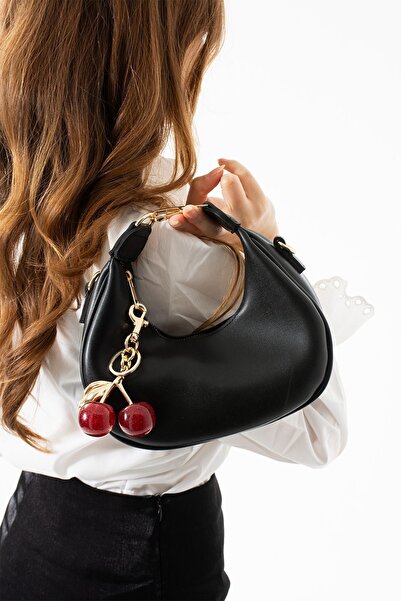 H&D COLLECTİON Women's Hand and Shoulder Bag Black with Cherry Charm Gift