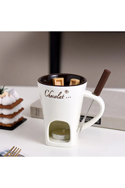Choice 301-400 مل أبيض - C كوب سيراميك ساخن للشوكولاتة مع شوكة وعاء شموع لإذابة الشوكولاتة Mu