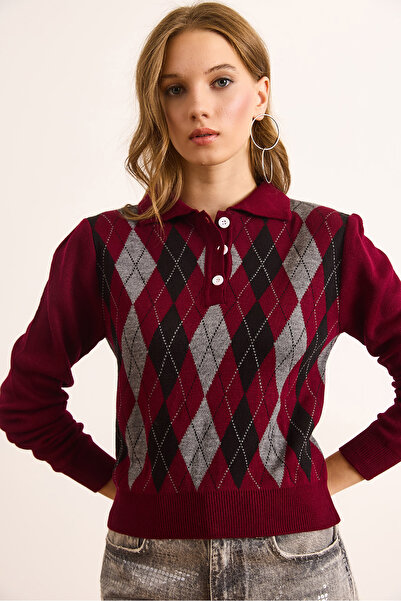 Olalook Kadın Bordo Polo Yaka Düğmeli Baklava Triko Bluz BLZ-19003095