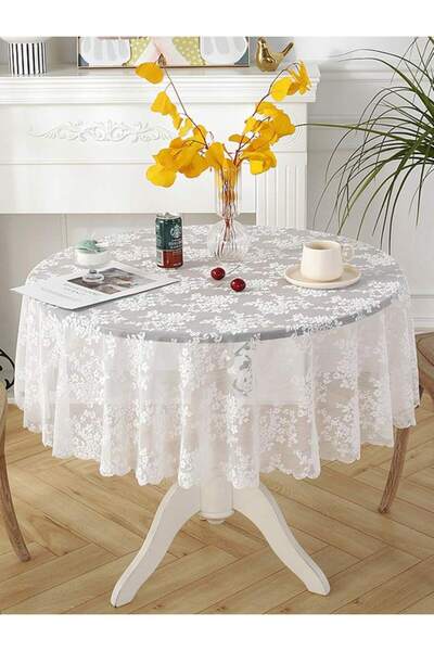 Choice مفرش طاولة دائري أبيض مقاس 140 سم من الدانتيل الأبيض مع مرآة مستديرة ونمط زهرة الكرمة وطاولة طعام لغرفة المعيشة