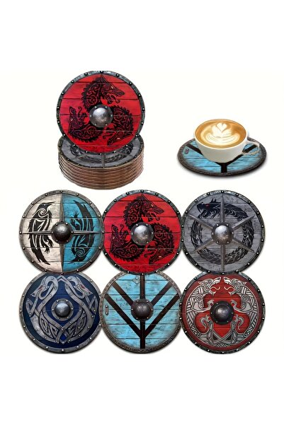 Choice 6 قطع 6 قطع 2D قواعد أكواب خشبية بنمط درع محارب الفايكنج موضوع سجاد مكتب مقاوم للحرارة ديكور المنزل Cof