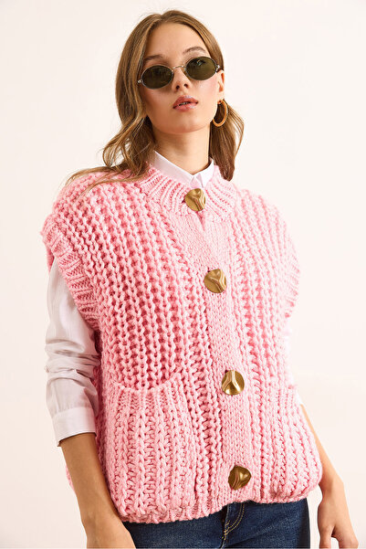 Olalook Women's Pink Thick Knitted Cardigan with Large Buttons Hrk-19000382