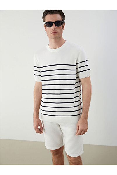 LC Waikiki Ecru Crew Neck Short Sleeve Striped Men's Knitwear Sweater