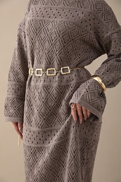 InStyle Patterned Openwork Milk Coffee Knitwear Dress