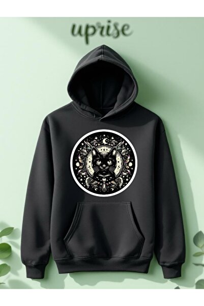 Vordevia Hanorac negru pisică cu imprimeu din bumbac cu 3 fire O supradimensi...