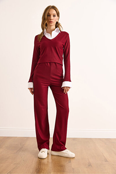 Olalook Women's Burgundy Shirt Detailed Top with Top Pocket and Bottom Ottoman Set Tkm-19000433