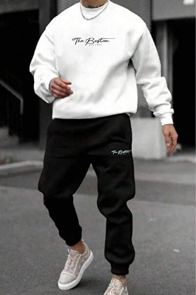 NO 601 Men's White Crew Neck the Bston Printed Black Sweatpants Set