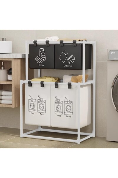 Flippy Coș de rufe, 2 niveluri, 4 coșuri, cadru din oțel inoxidabil, 97x44x57 cm, alb