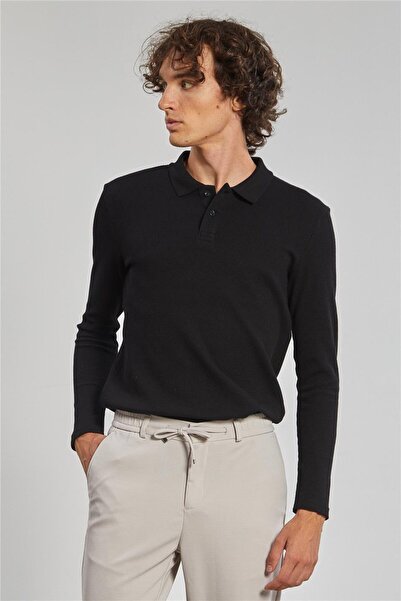 BARRELS AND OIL سترة رجالية بياقة بولو ونسيج وافل - أسود