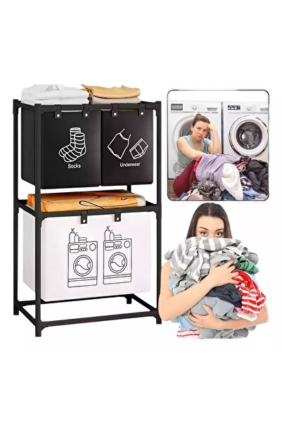 Flippy Laundry Basket Flippy, 2-Tier, 3 Baskets, Stainless Steel Frame, 97x28x57 cm, Black