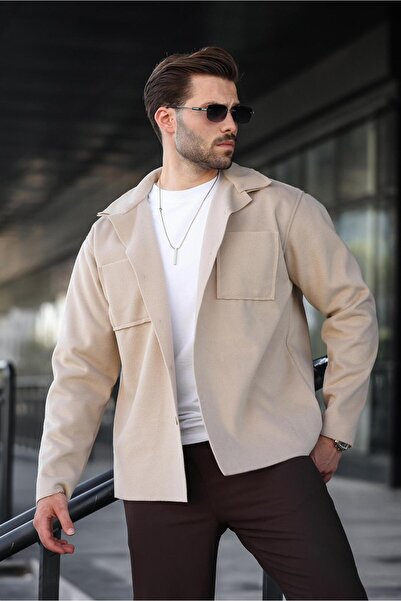 Madmext Ανδρικό πουκάμισο από φλις μπεζ με τσέπες E6764