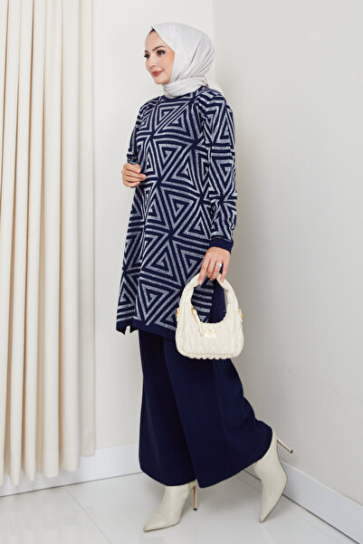 FERHEL Triangle Glitter Woven Comfortable Fit Women's Tunic and Pants Hijab Knitwear Set