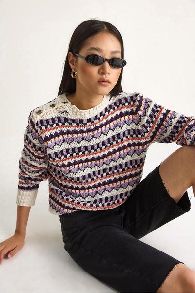 Bianco Lucci Women's Shoulder Patch Patterned Knitwear Sweater 20246176