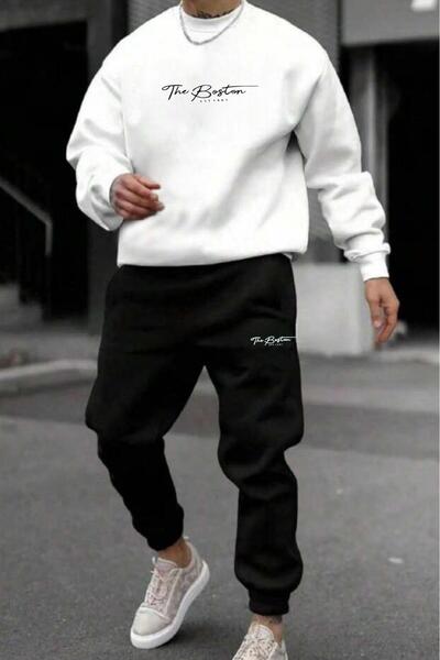 NO 601 Men's White Crew Neck the Bston Printed Black Sweatpants Set