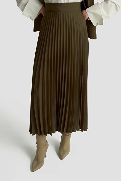 Armine TREND Armi̇ne Trend Gold Buttoned Pocket Detailed Pleated Skirt and Vest Two-Piece Set - Olive Green