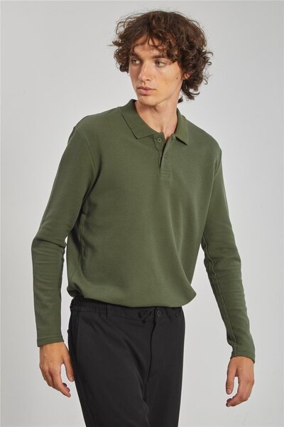 BARRELS AND OIL Men's Polo Neck Waffle Sweatshirt - Khaki