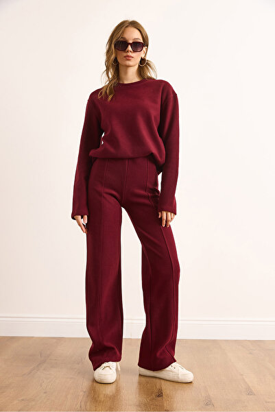 Olalook Women's Burgundy Thessaloniki Top Sweater Bottom Seam Detailed Pants Set Tkm-19000427